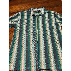Forever 21 Men Crochet Knit Button Down Shirt Green Blue Chevron Zigzag Medium